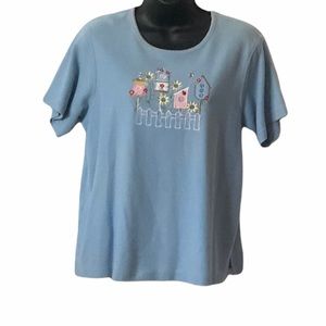 Cathy Daniels women’s blue short sleeve embroidered birdhouses top size M